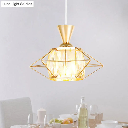 Modern Metal Wire Cage Pendant Light With Crystal Drum Shade - Black/Gold Gold