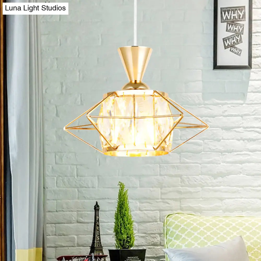 Modern Black/Gold Wire Cage Pendant Light With Crystal Drum Shade - Ideal For Dining Rooms