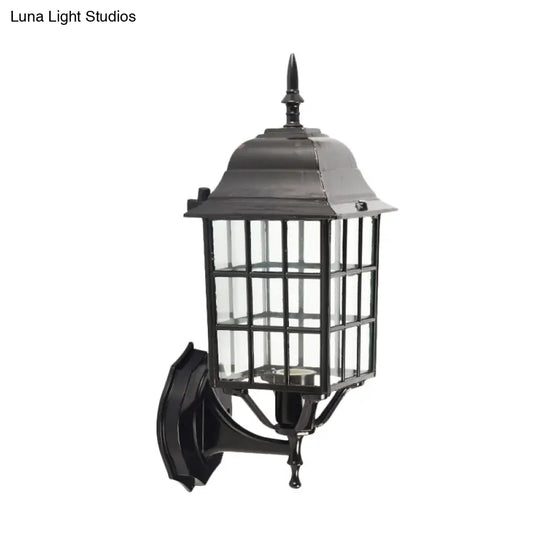 Modern Black Grid Aluminum Wall Sconce With Clear Glass Shade - 1 Bulb Courtyard Light Fixture