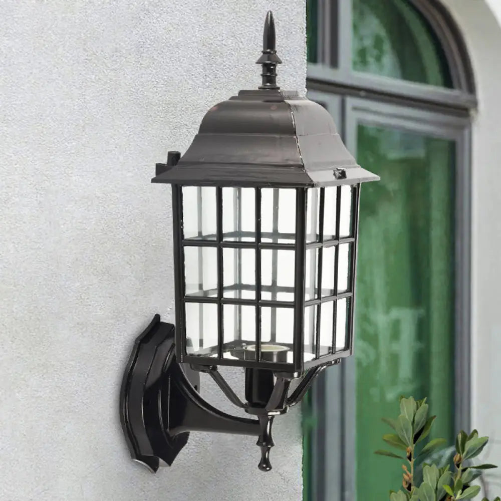 Modern Black Grid Aluminum Wall Sconce With Clear Glass Shade - 1 Bulb Courtyard Light Fixture