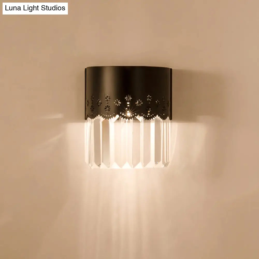 Modern Black Half-Cylinder Wall Sconce: 1-Head Crystal Block Bedside Lamp Fixture