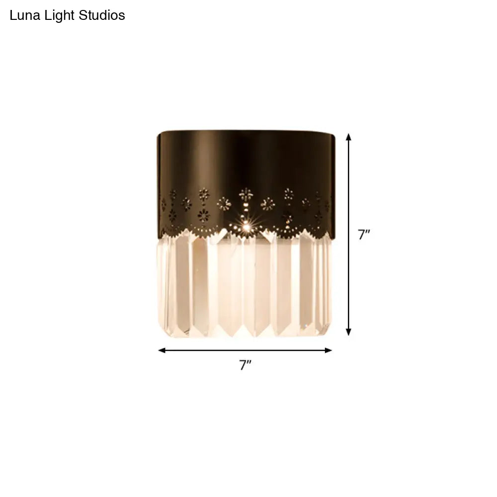 Modern Black Half-Cylinder Wall Sconce: 1-Head Crystal Block Bedside Lamp Fixture