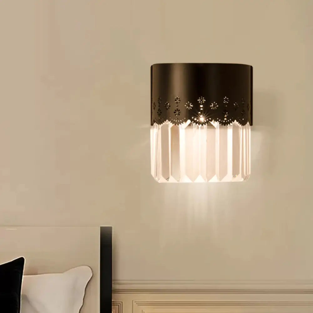 Modern Black Half-Cylinder Wall Sconce: 1-Head Crystal Block Bedside Lamp Fixture