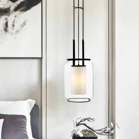 Modern Black Hanging Pendant With Clear Glass Shade For Bedroom - Down Lighting