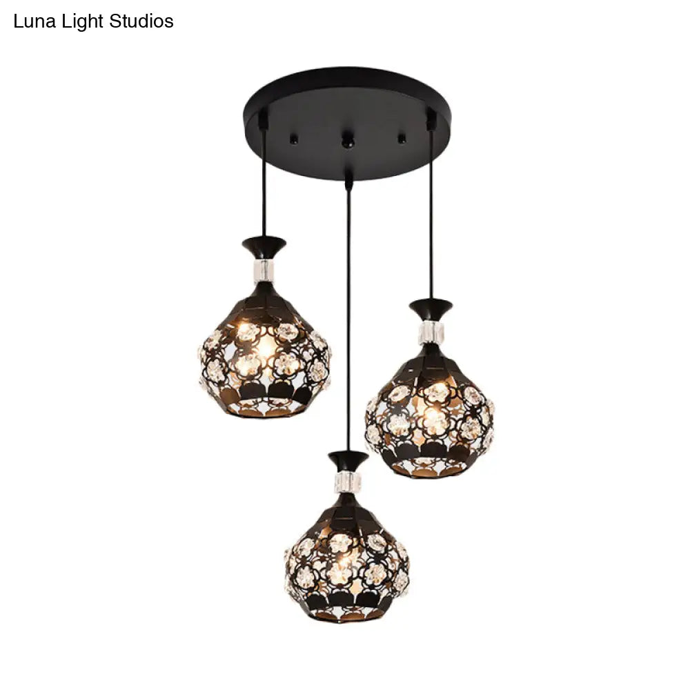 Modern Black Hollow Floret Pendant With Crystal Embellishments - 3 Lights Suspension Lamp