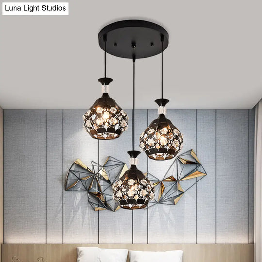 Modern Black Hollow Floret Pendant With Crystal Embellishments - 3 Lights Suspension Lamp