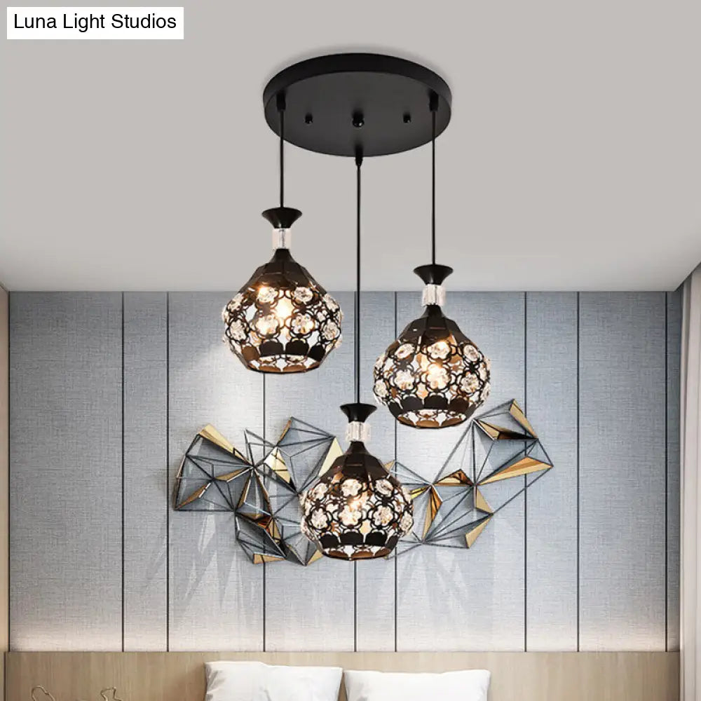 Modern Black Crystal Suspension Lamp - Hollow Out Floret Design 3 Lights