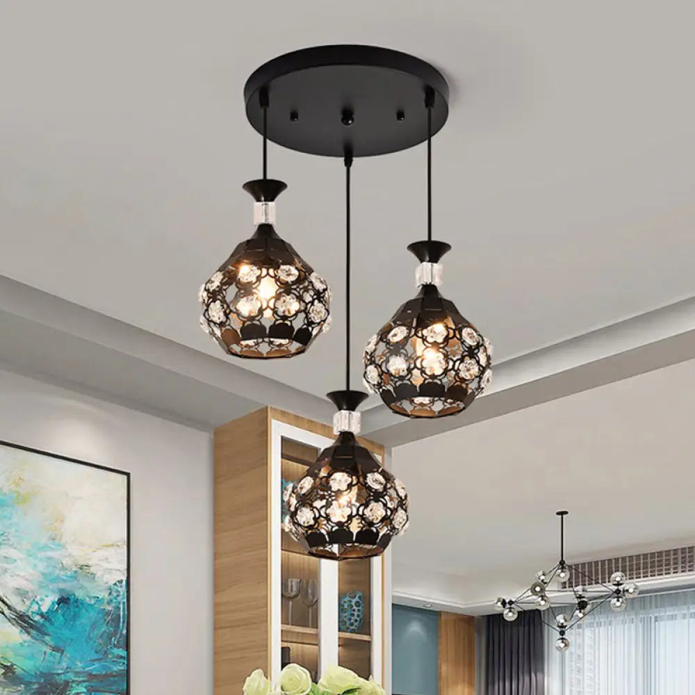 Modern Black Hollow Floret Pendant With Crystal Embellishments - 3 Lights Suspension Lamp