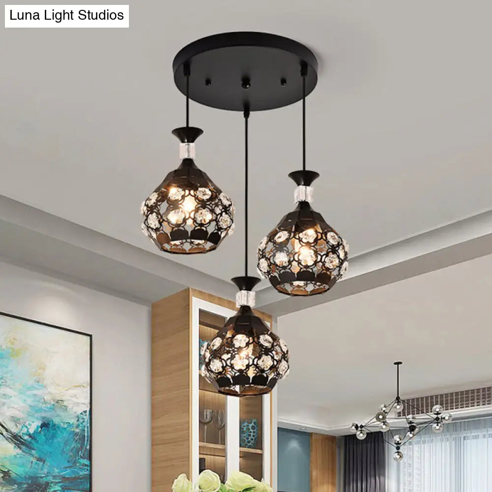 Modern Black Crystal Suspension Lamp - Hollow Out Floret Design 3 Lights