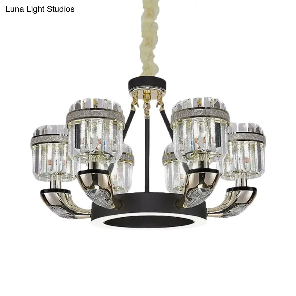 Modern Black Hoop Chandelier With Drum Crystal Prisms - 6 Bulbs Living Room Pendant Lighting