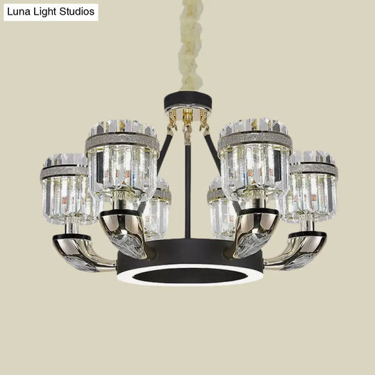 Modern Black Hoop Chandelier With Drum Crystal Prisms - 6 Bulbs Living Room Pendant Lighting