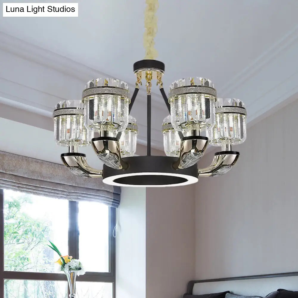 Modern Black Hoop Chandelier With Crystal Prisms Shade - 6 Bulb Living Room Pendant Lighting