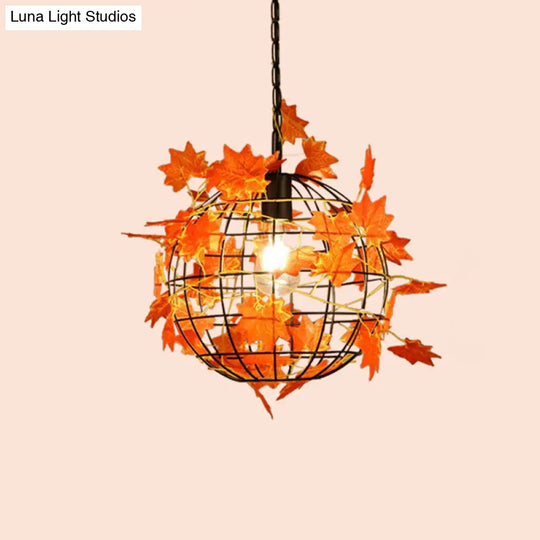 Black Single-Bulb Hanging Light Loft Iron Ceiling Pendant With Art Vine In Orange/Green/Light Green