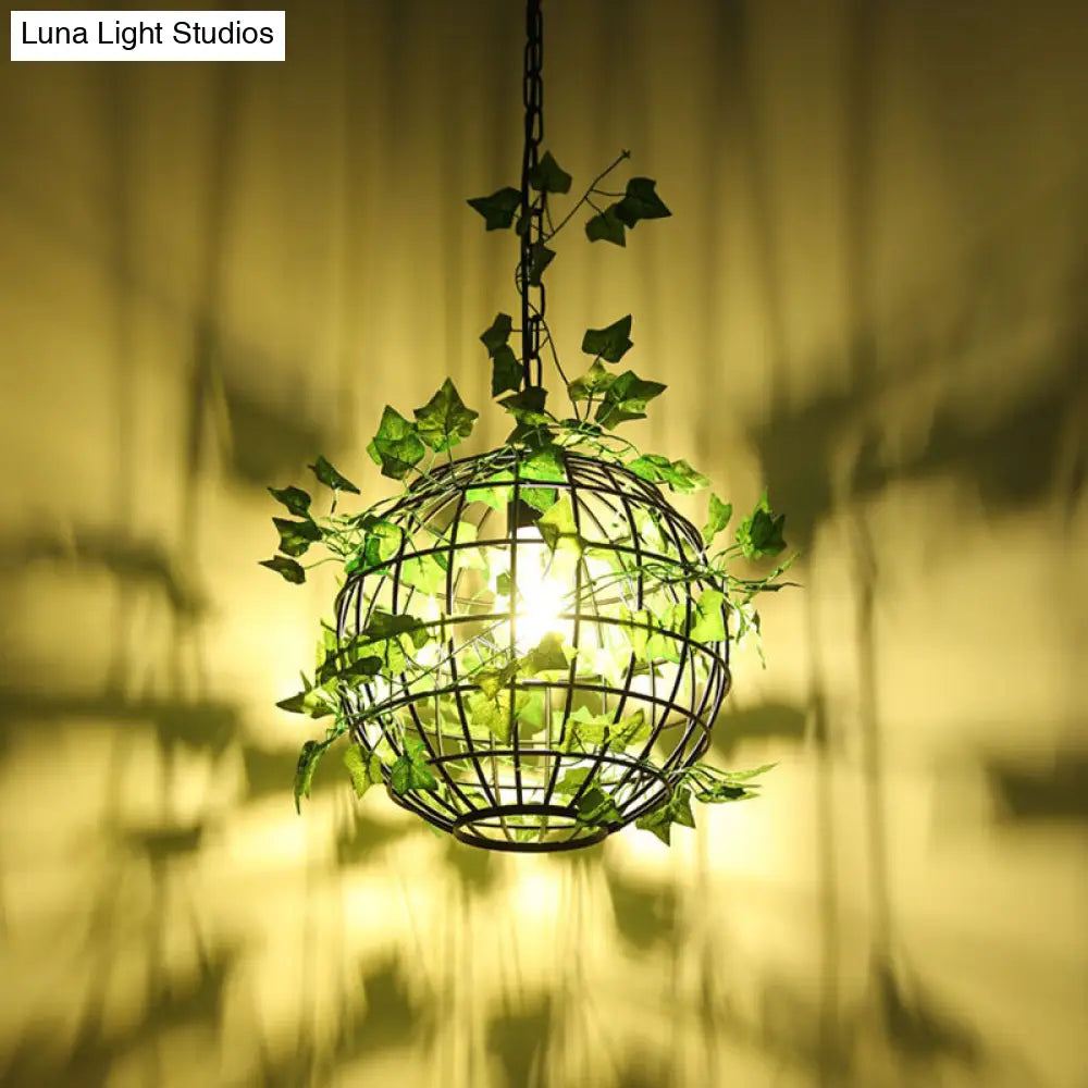 Black Single-Bulb Hanging Light Loft Iron Ceiling Pendant With Art Vine In Orange/Green/Light Green
