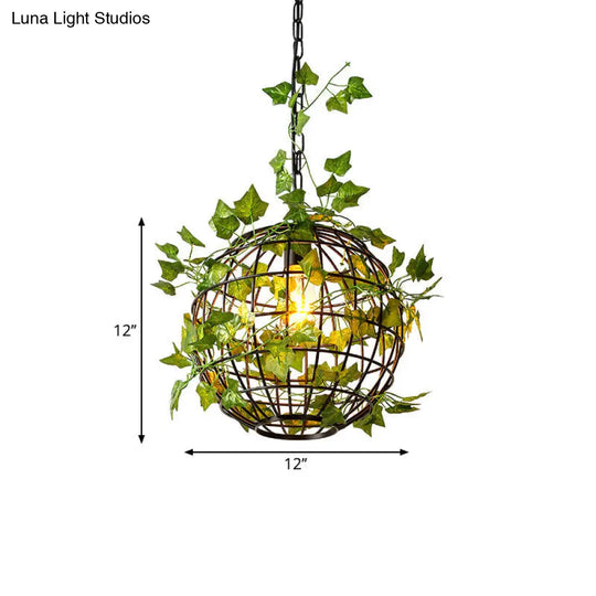 Black Single-Bulb Hanging Light Loft Iron Ceiling Pendant With Art Vine In Orange/Green/Light Green