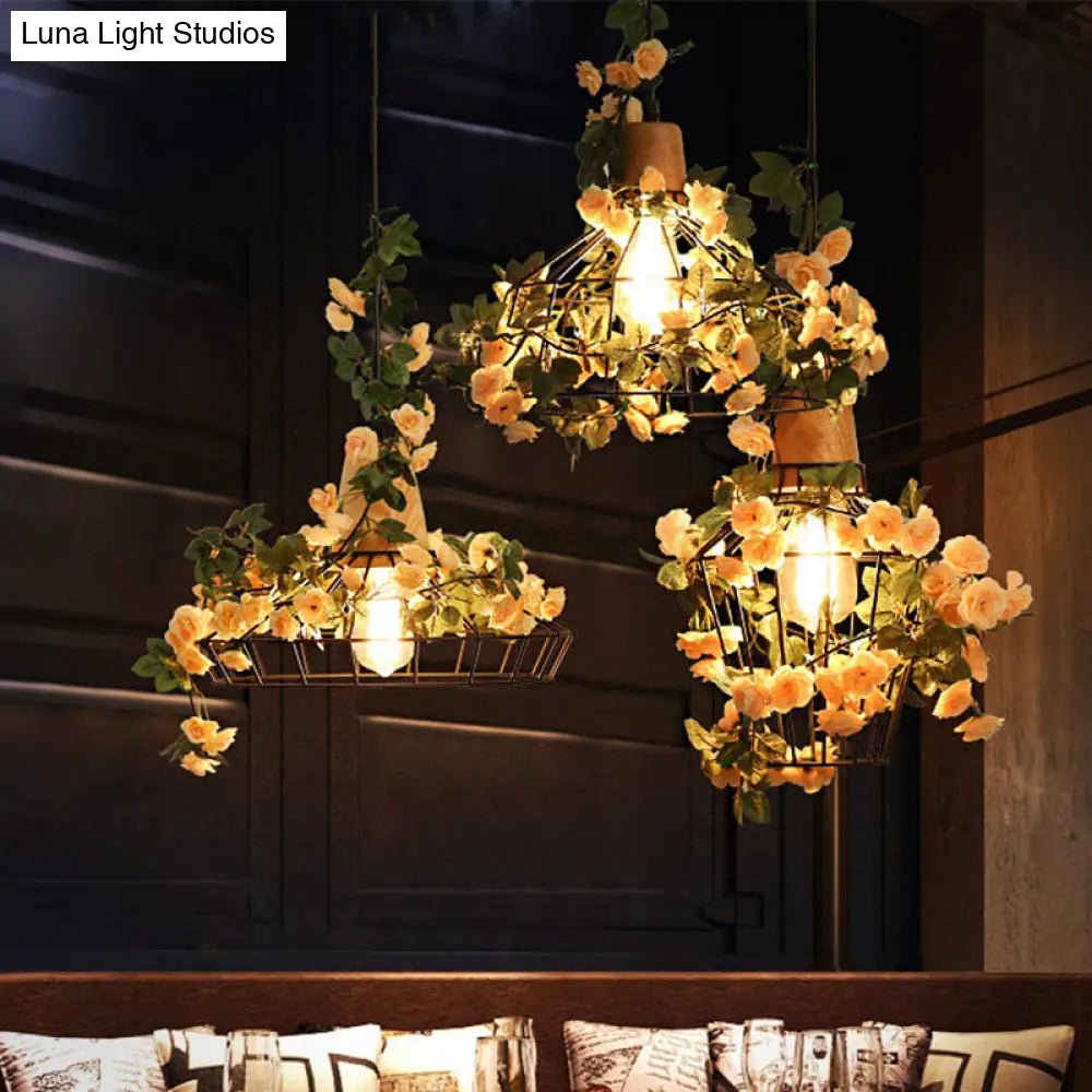 Modern Black Iron Pendant Light With Hanging Flower Jar Design Ideal For Restaurants And