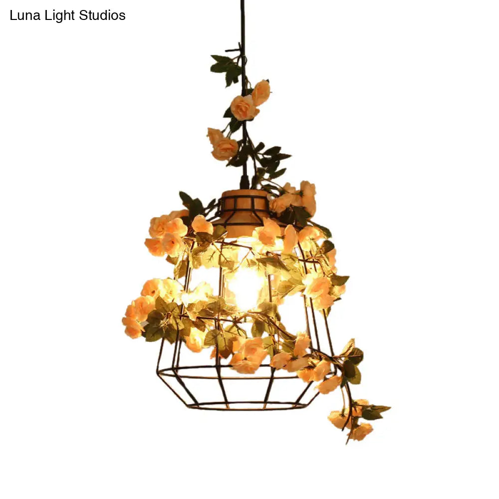 Modern Black Iron Pendant Light With Hanging Flower Jar Design Ideal For Restaurants And