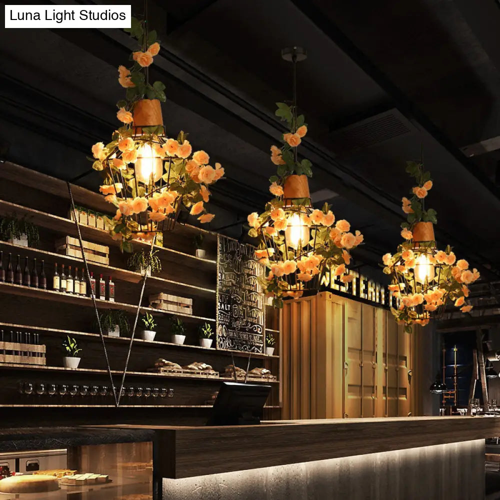 Modern Black Iron Pendant Light With Hanging Flower Jar Design Ideal For Restaurants And