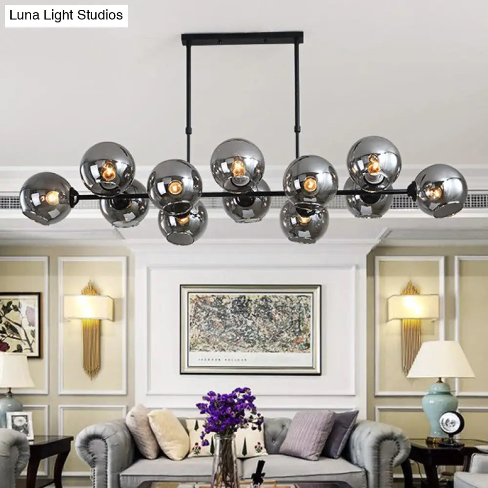 Modern Black Island Lighting With Smokey-Glass 8/12 Heads - Stylish Hanging Lamp For Living Room