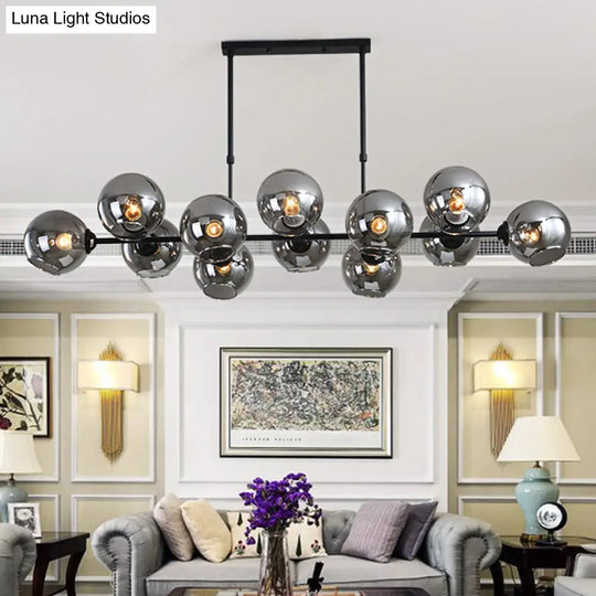 Modern Black Island Lighting With Smokey-Glass 8/12 Heads - Stylish Hanging Lamp For Living Room