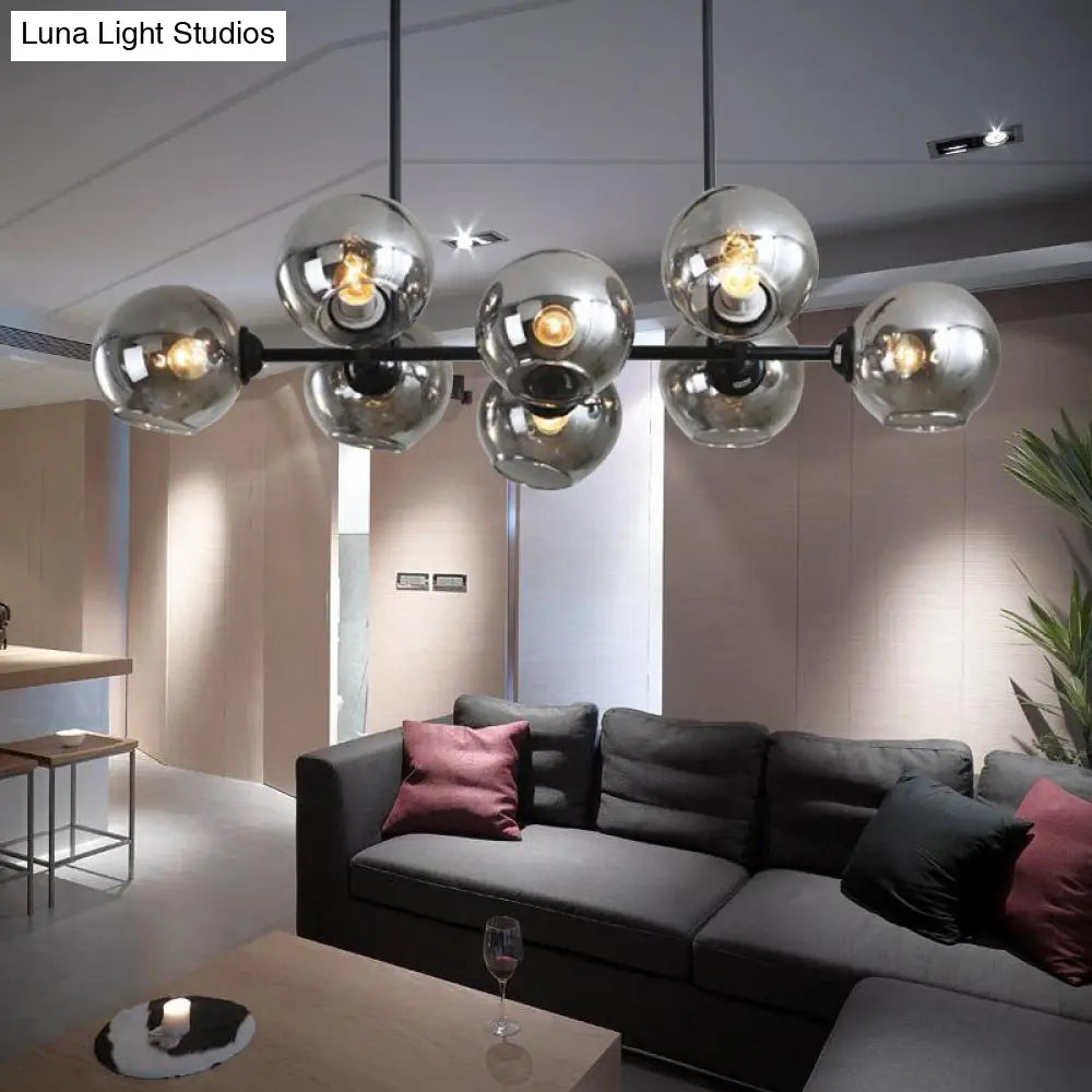 Modern Black Island Lighting With Smokey-Glass 8/12 Heads - Stylish Hanging Lamp For Living Room