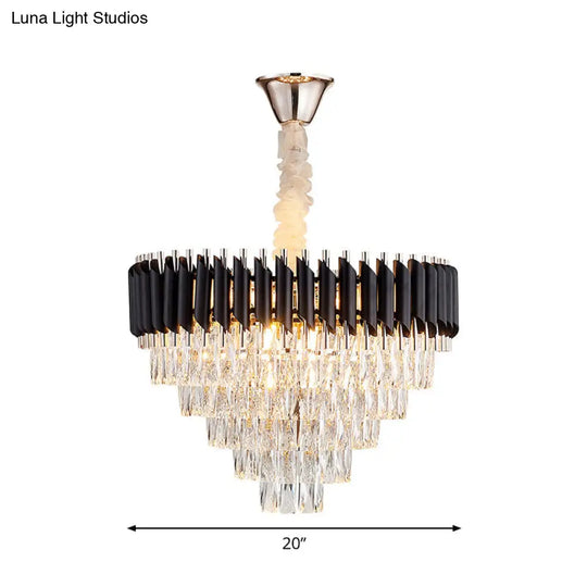 Modern K9 Crystal Prism Cone Chandelier Pendant - 10/13/33 Lights Black Ideal For Living Room Down