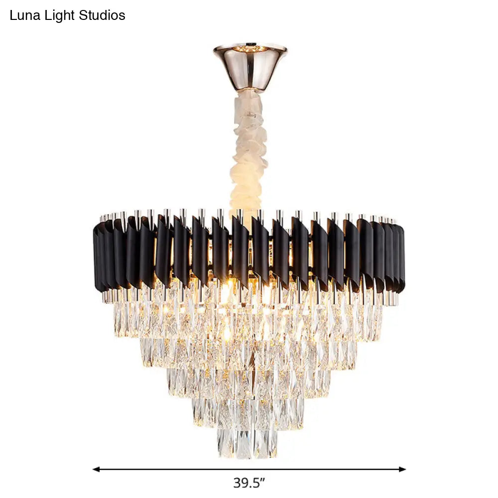 Modern K9 Crystal Prism Cone Chandelier Pendant - 10/13/33 Lights Black Ideal For Living Room Down