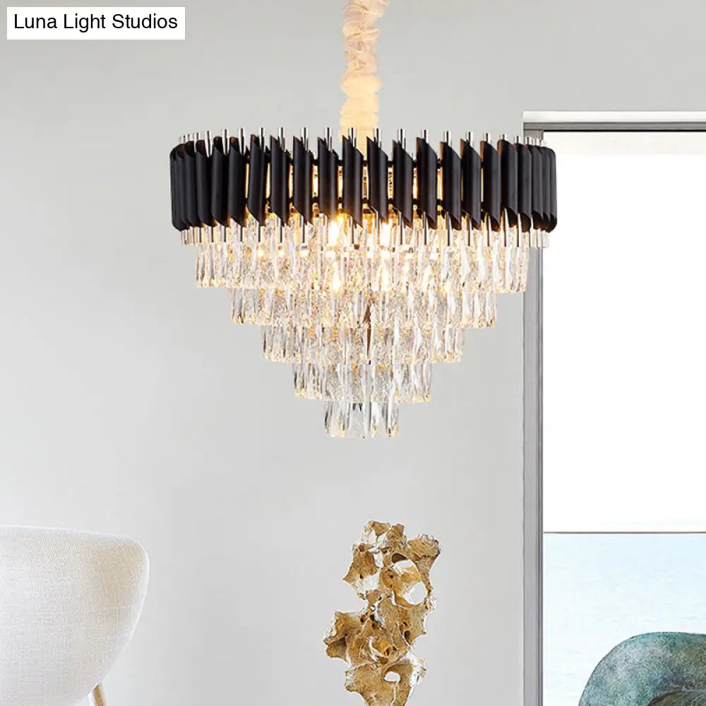 Modern K9 Crystal Prism Cone Chandelier Pendant - 10/13/33 Lights Black Ideal For Living Room Down