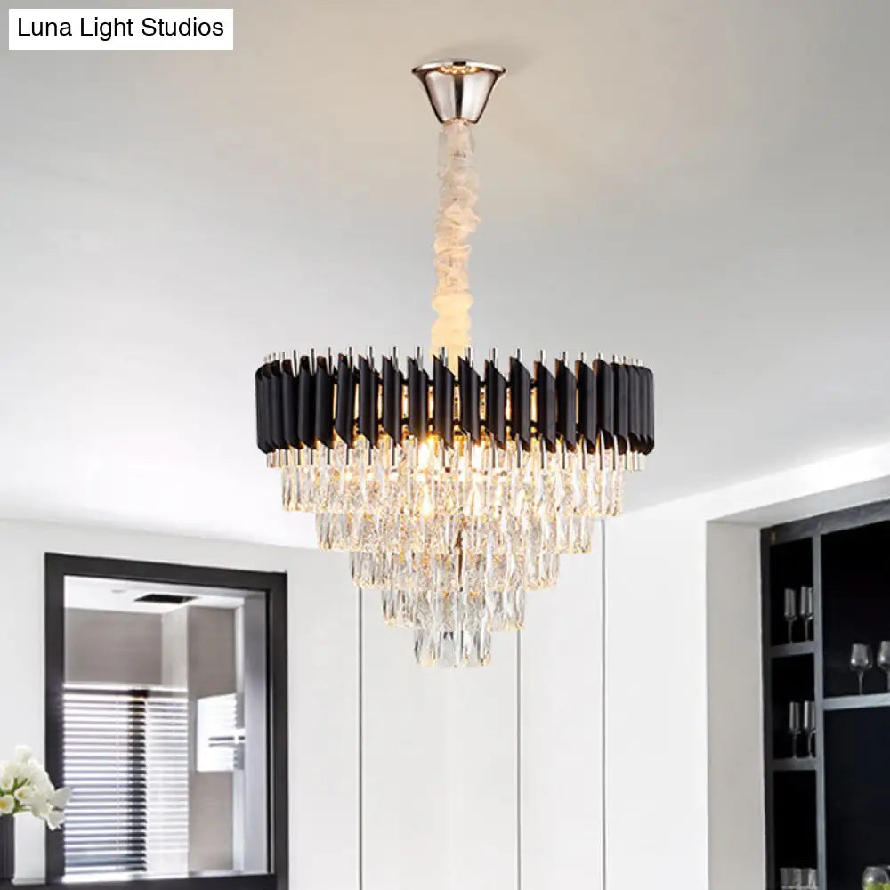 Modern K9 Crystal Prism Cone Chandelier Pendant - 10/13/33 Lights Black Ideal For Living Room Down