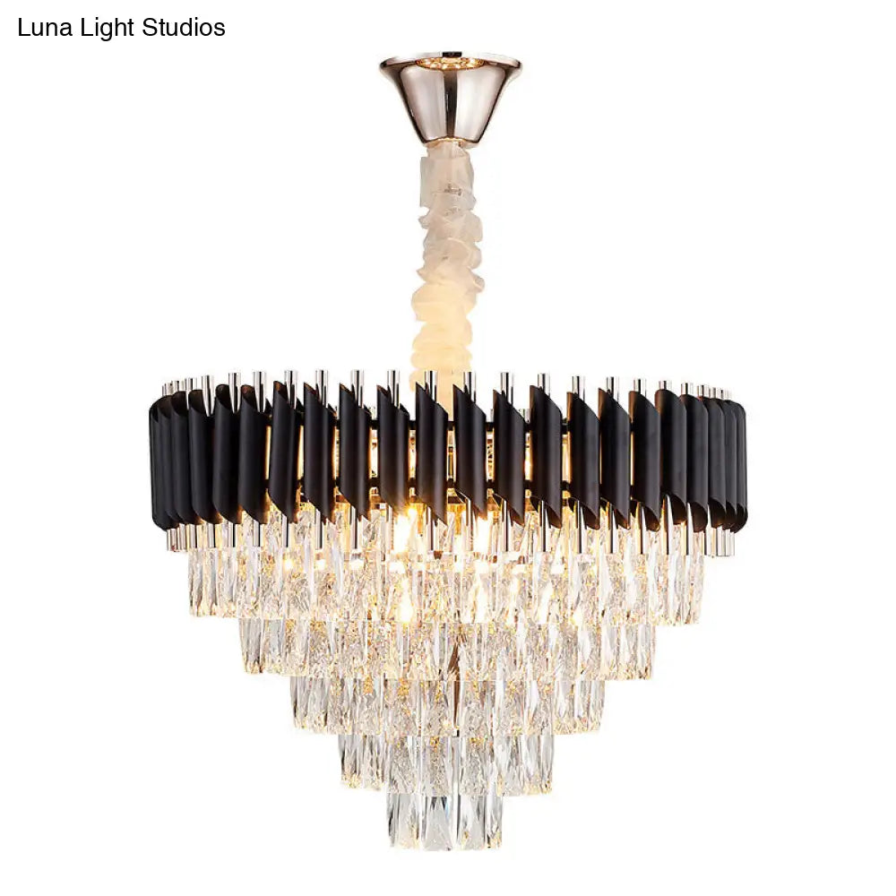 Modern K9 Crystal Prism Cone Chandelier Pendant - 10/13/33 Lights Black Ideal For Living Room Down