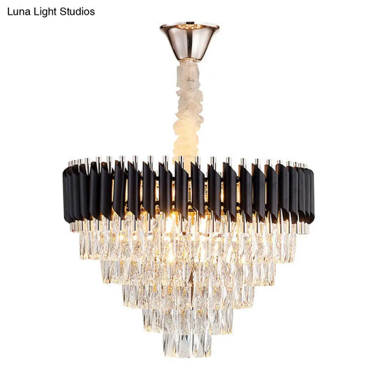 Modern K9 Crystal Prism Cone Chandelier Pendant - 10/13/33 Lights Black Ideal For Living Room Down