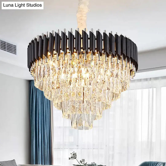 Modern K9 Crystal Prism Cone Chandelier Pendant - 10/13/33 Lights Black Ideal For Living Room Down