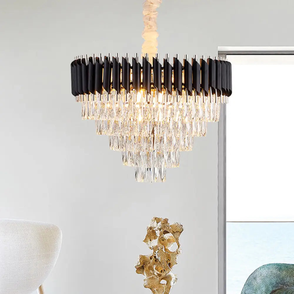 Modern Black K9 Crystal Prism Cone Chandelier Pendant - 10/13/33 Lights Living Room Down Lighting