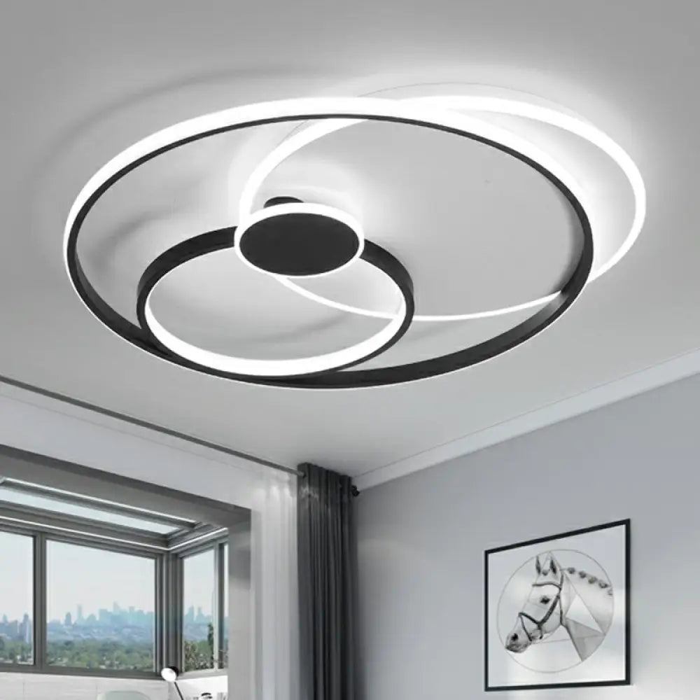 Modern Black Led Ceiling Flush Light For Bedroom - Simple Style Metal Semi - Mount Fixture / 16’