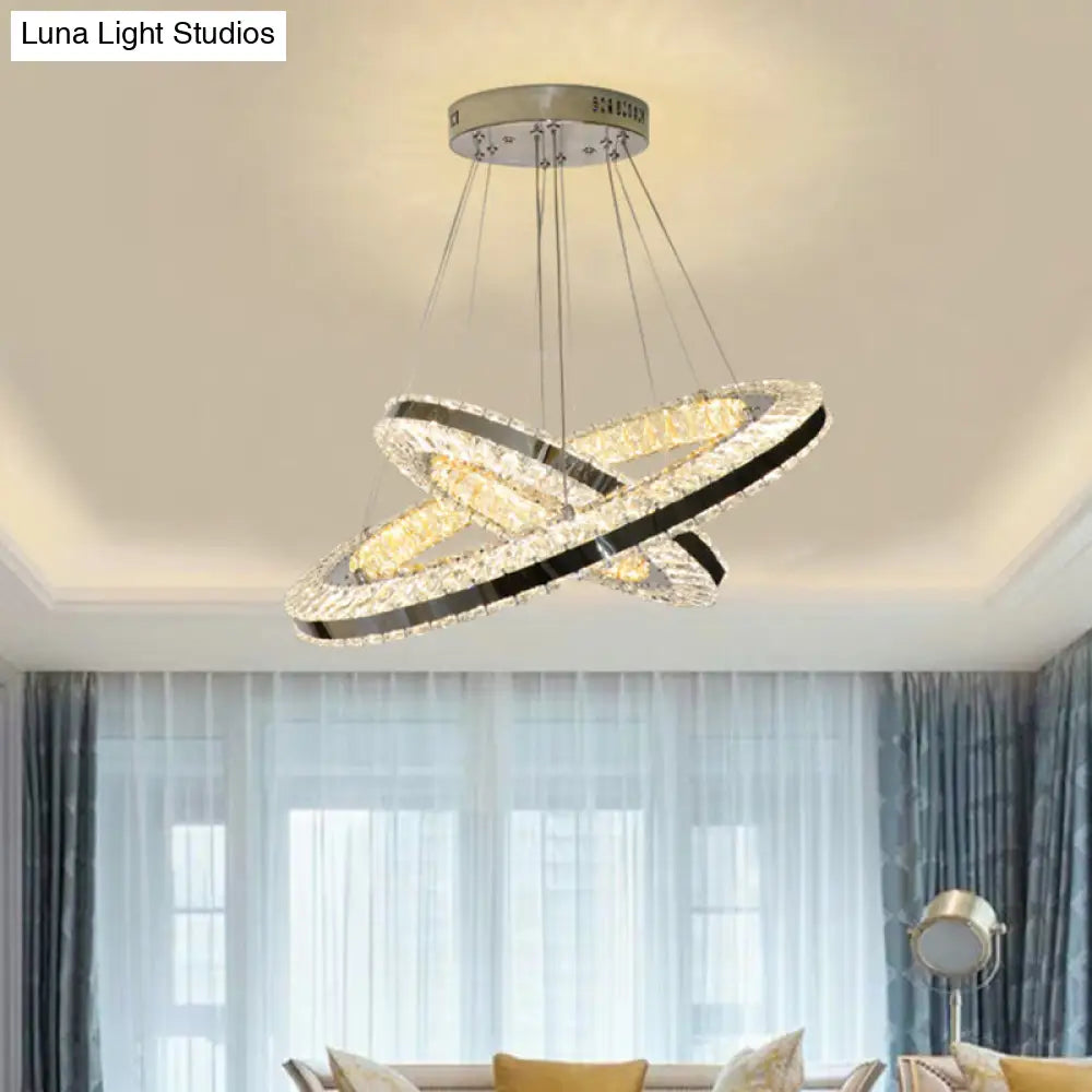 Modern Black Double Ring Parlor Hanging Lamp With Clear Rectangular-Cut Crystals And Led Multi