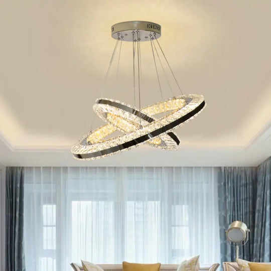 Modern Black Led Double Ring Parlor Hanging Lamp With Clear Crystals - Multi Pendant