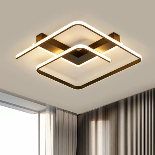 Modern Black Led Flush Ceiling Light For Bedroom - Square Shape With Sleek Metal Design / 16.5’