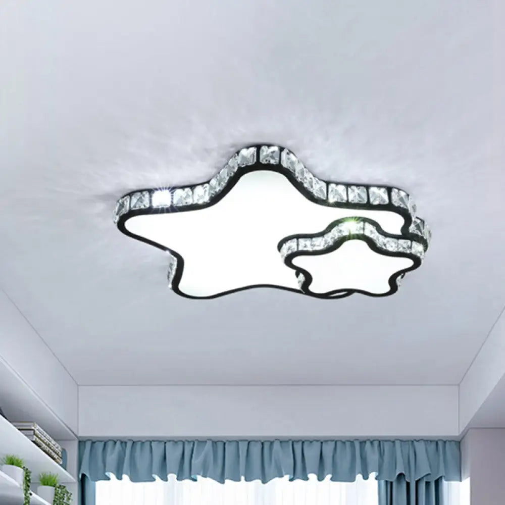 Modern Black Led Flush Ceiling Light With Clear Crystal Double Star Design