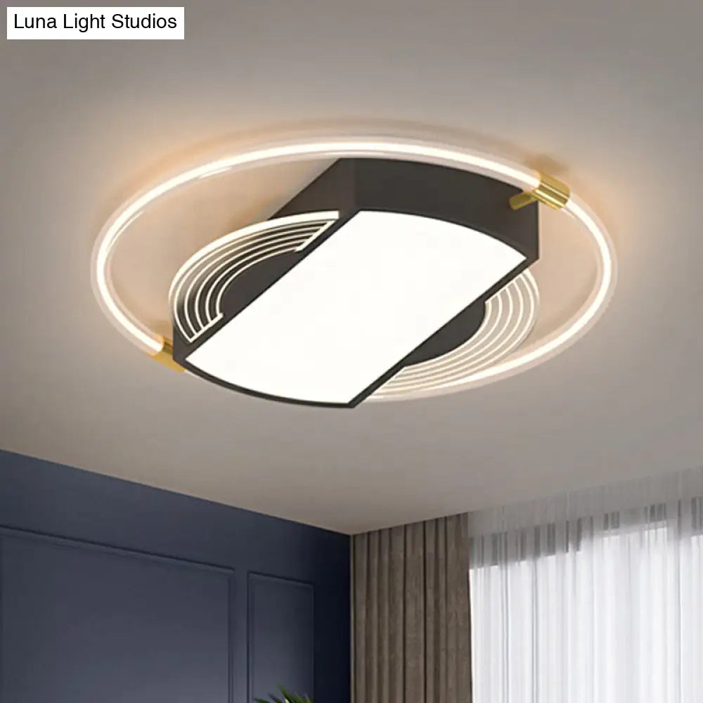 Modern Black Led Flush Mount Light For Bedrooms - Rectangle And Ring Acrylic Design