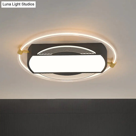 Modern Black Led Flush Mount Light For Bedrooms - Rectangle And Ring Acrylic Design