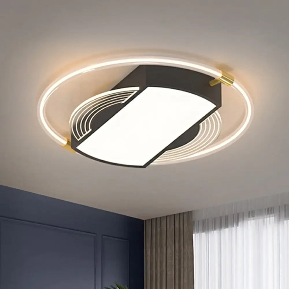 Modern Black Led Flush Mount Light For Bedrooms - Rectangle And Ring Acrylic Design