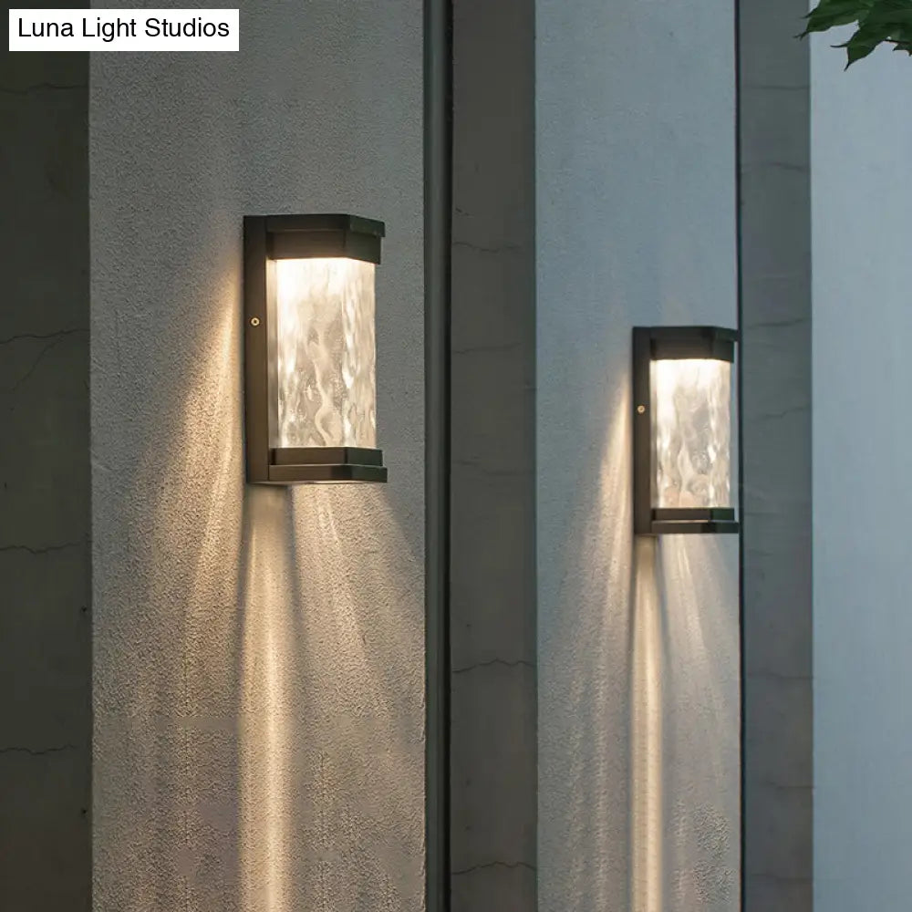 Modern Black Led Outdoor Wall Sconce With Rippled Glass In Rectangle Design