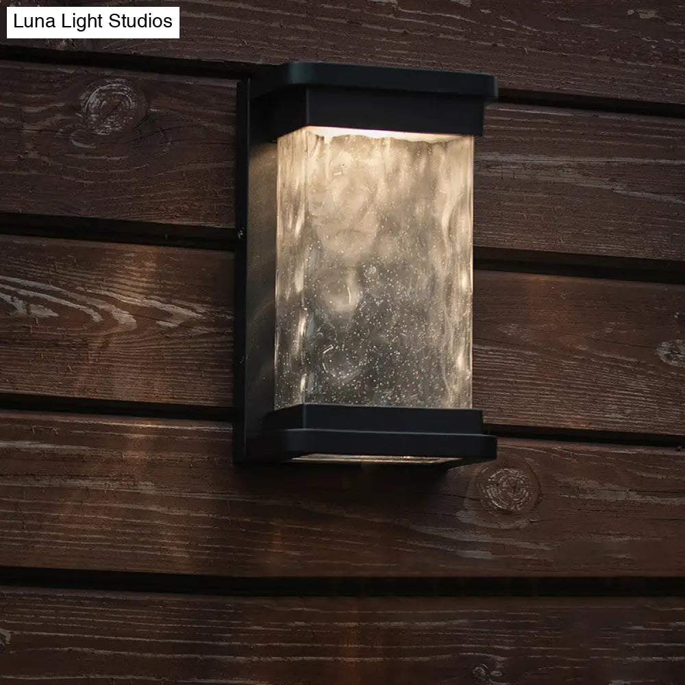 Modern Black Led Outdoor Wall Sconce With Rippled Glass In Rectangle Design