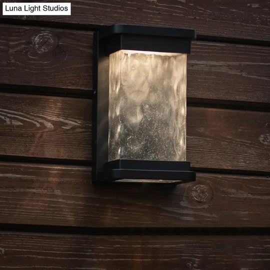 Modern Black Led Outdoor Wall Sconce With Rippled Glass In Rectangle Design