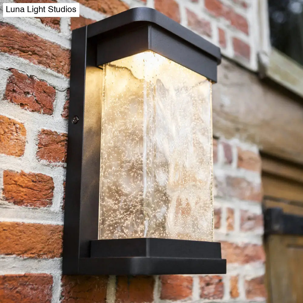 Modern Black Led Outdoor Wall Sconce With Rippled Glass In Rectangle Design