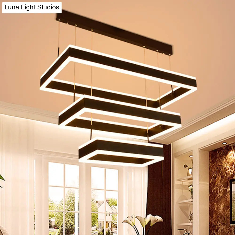 Modern Black Led Pendant Chandelier - Minimalist Tiered Rectangle Design For Living Room