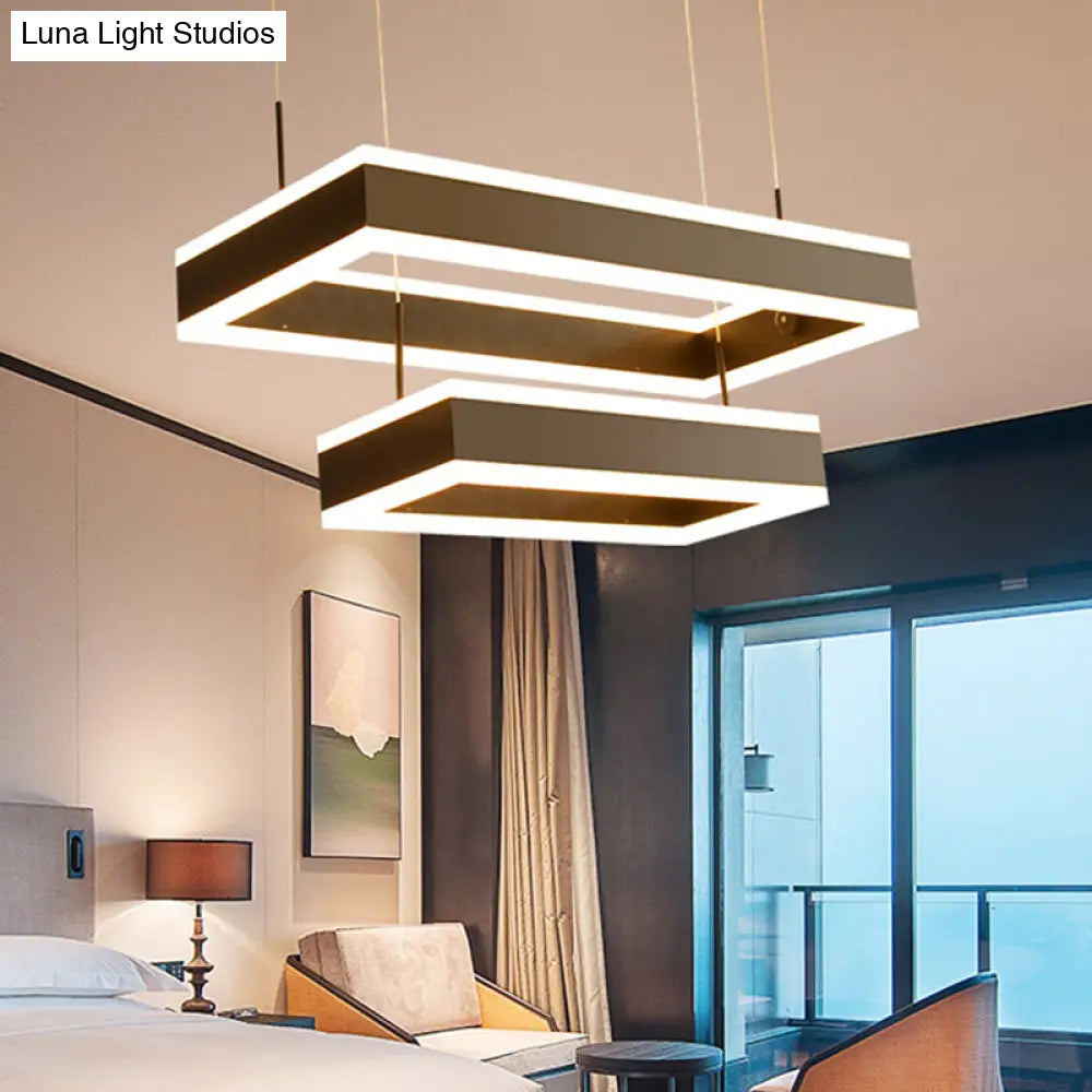 Modern Black Led Pendant Chandelier - Minimalist Tiered Rectangle Design For Living Room