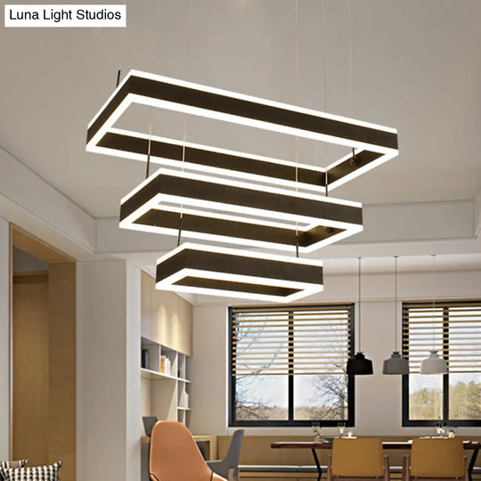 Modern Black Led Pendant Chandelier - Minimalist Tiered Rectangle Design For Living Room