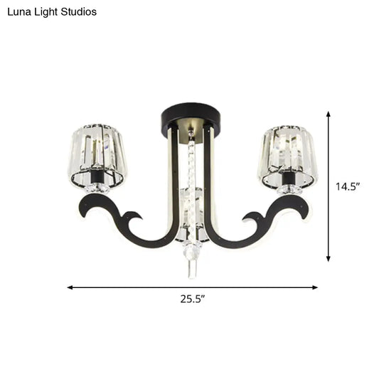 Modern Black Led Semi-Flush Ceiling Light With Crystal Block Shade - 3-Light Bedroom Lamp