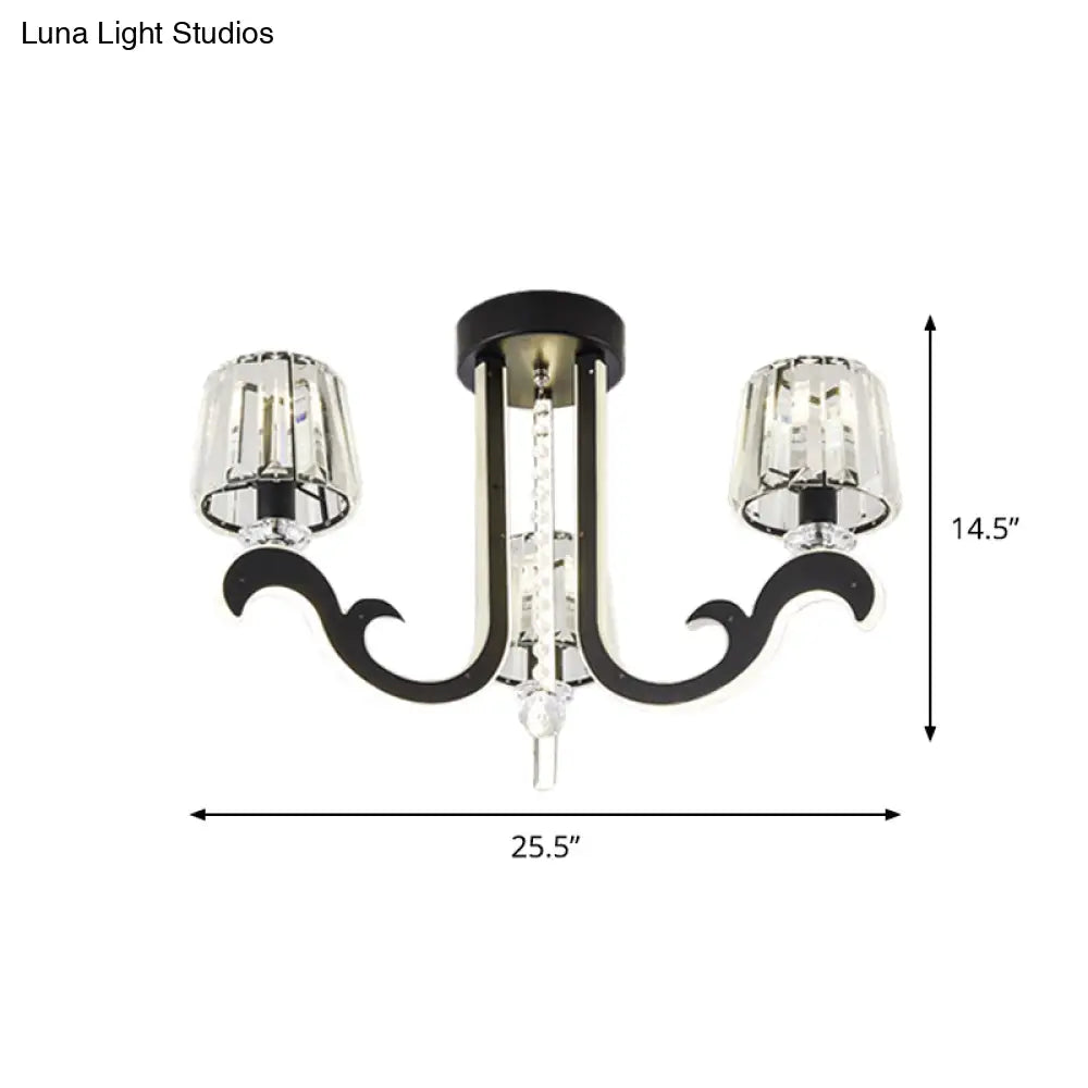 Modern Black Led Semi - Flush Ceiling Light With Crystal Block Shade - 3 - Light Bedroom Lamp